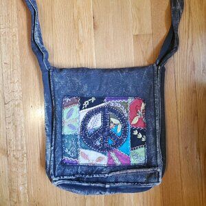 Vintage peace sign applique messenger bag